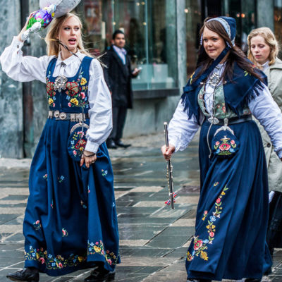 Two Girls Wearing the Bunad, the Traditional Norwegian Costume, in Bergen